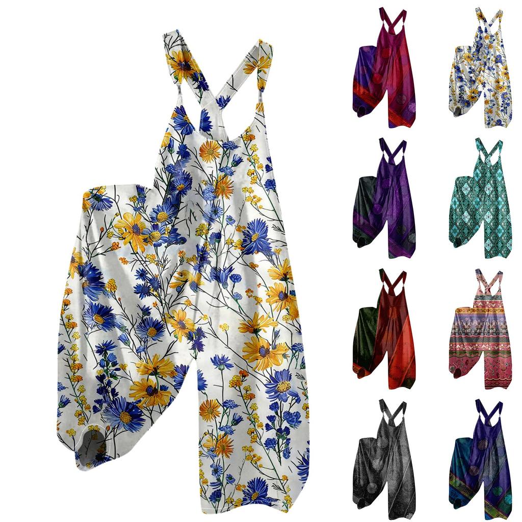 Women's Summer Overalls Floral Print Vintage Jumpsuit (Non-Adjustable Straps)