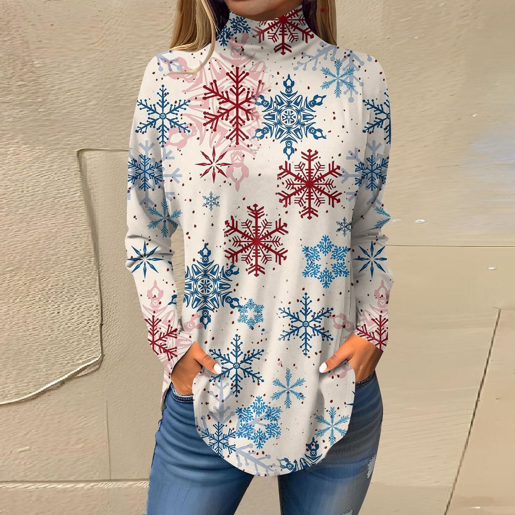 Футболки для женщин, осенние повседневные рубашки с длинными рукавами, толстовка с винтажным принтом, топ с высоким воротом, пуловер