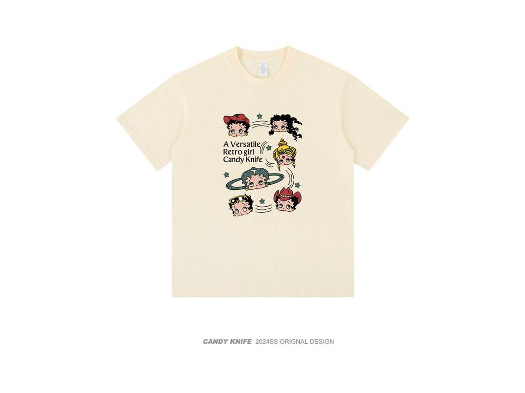 Женская летняя хлопковая футболка свободного кроя с круглым вырезом и мультяшным принтом, 2024