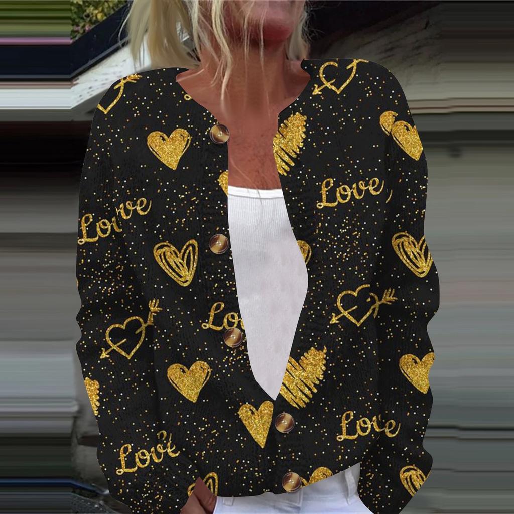 Women's Fashion Printed Valentine's Day Long Sleeved Knitted Cardigan Button Down Jacket