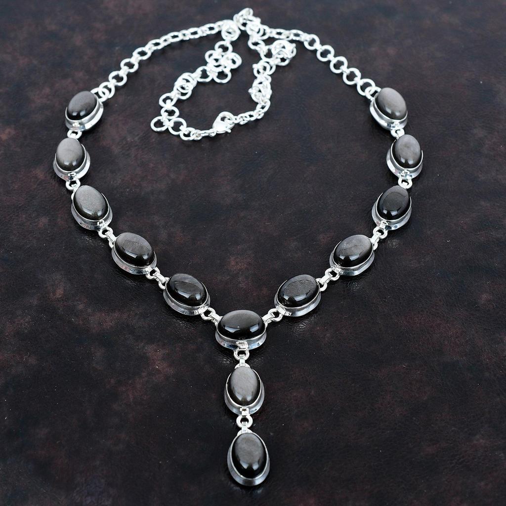 Silver Sheen Obsidian Necklace 925 Sterling Silver Necklace Adjustable Chain Necklace Handmade Gemstone Necklace Gift for Her Unique Jewelry