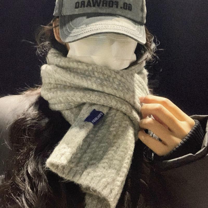 Wool Knitted Wool Scarf Girls Winter Senior Feeling Thickened Warm Scarf Student Versatile Shawl Gray