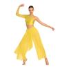 Womens Rhinestone Lyrical Outfit Asymmetrical Long Sleeve Crop Top Loose Irregular Overlay Pants