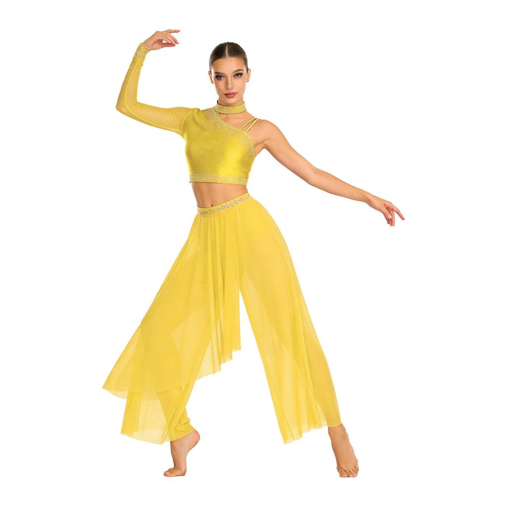 Эффектный костюм для лирического танца для женщин S-XXL: Привлекательный асимметричный дизайн со стразами и струящейся юбкой-накидкой