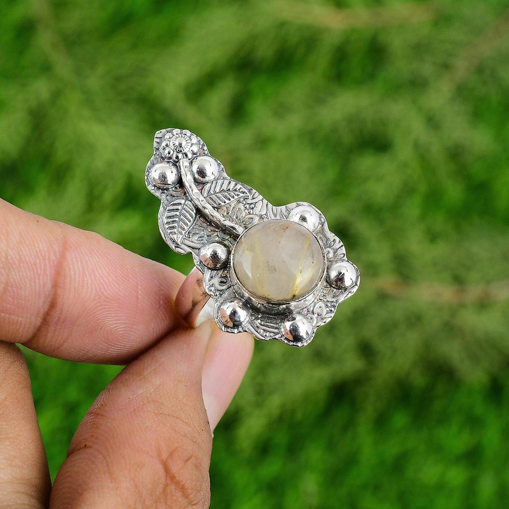 Natural Golden Rutile 925 Sterling Silver Flower Birthday Solitaire Ring Jewelry