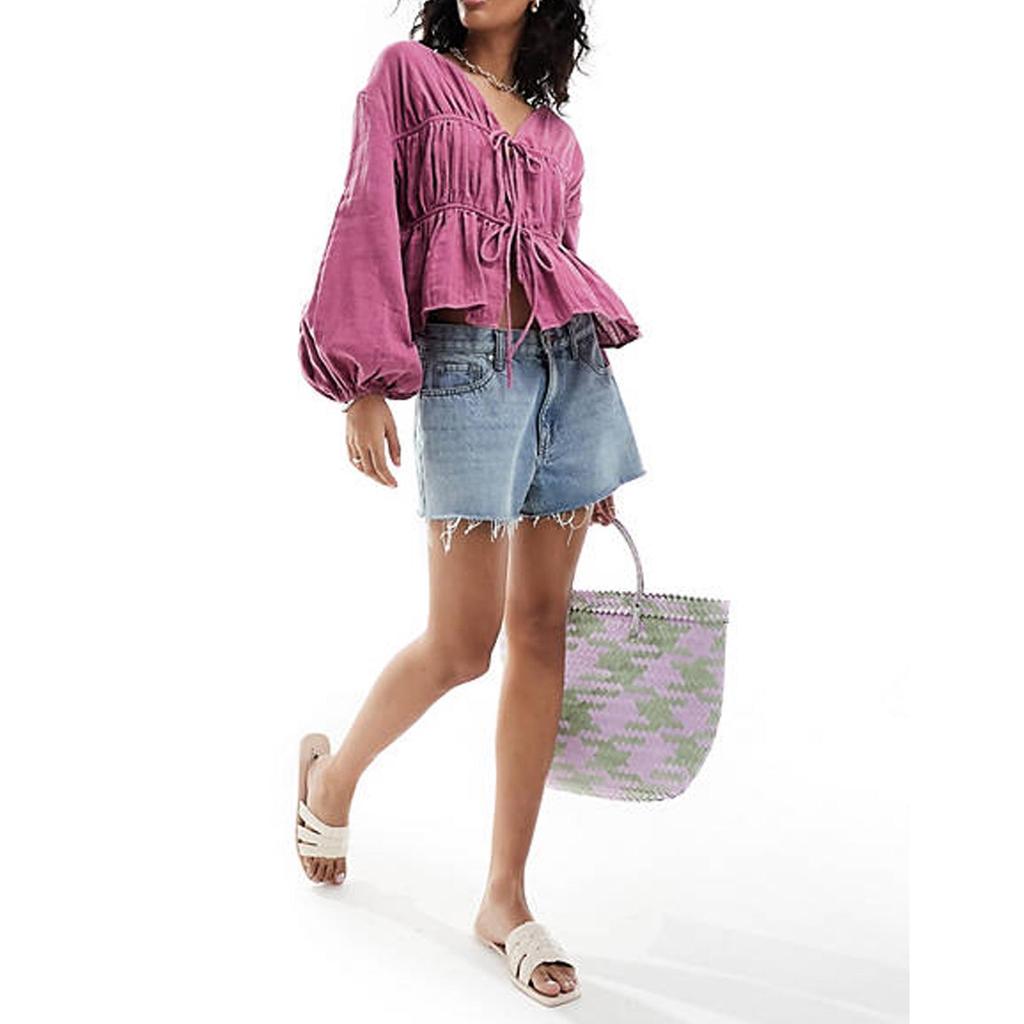 2024 Женская летняя рубашка с драпировкой, спущенным плечом и длинным рукавом