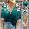 Женская рубашка-блузка Повседневные свободные рубашки с рукавами 3/4 и кружевной отделкой Топы с v-образным вырезом и принтом Топы с принтом Футболки Футболки