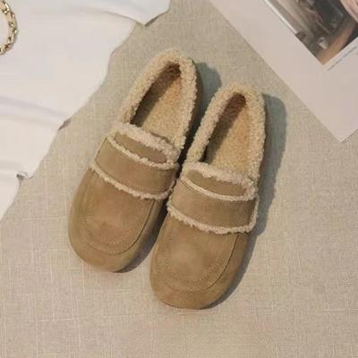 Обувь для женщин 2024 года, плюшевые туфли, теплая зимняя обувь с бархатной подкладкой, туфли на одной педали, нескользящие туфли из овечьей шерсти и хлопка для женщин