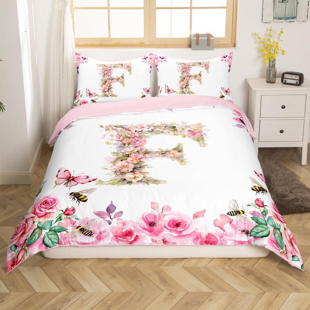 Initial Letter A Duvet Cover for Boys Girls Floral Monogrammed Bedding Set Romantic Rose Alphabet Quilt Cover with 2 Pillow Case
