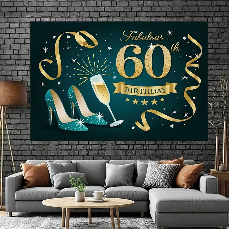 2D "Fabulous 60th Birthday" Backdrop Teal Gold High Heels & Champagne Photography Background Cloth