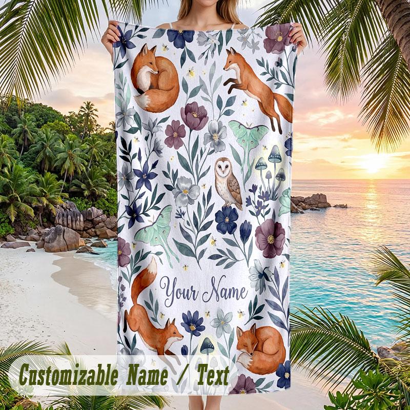 Foxes Flowers 1 Theme Quick Dry Beach Towel Custom Name Text Print Large Sand Resistant Towel Beach Vacation
