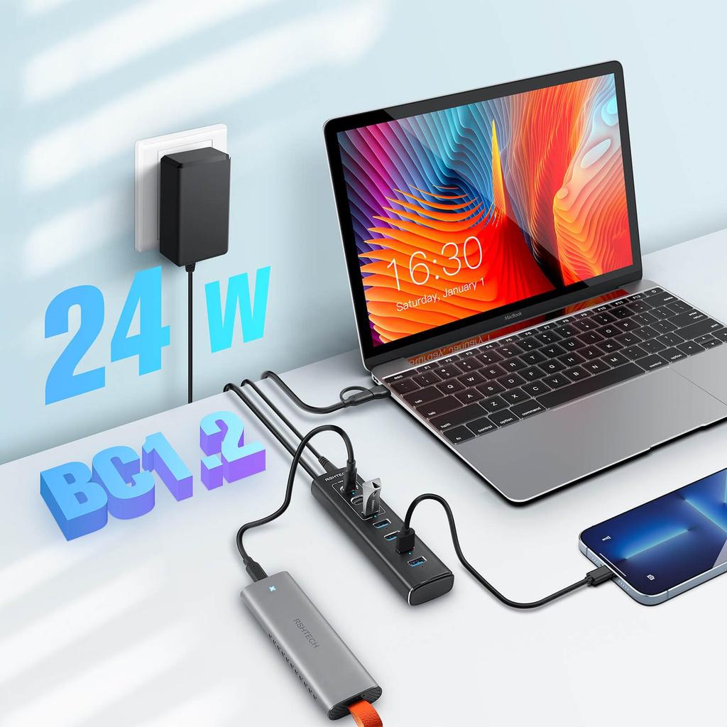 ROSONWAY USB Hub 10Gbps 7 Port USB C USB A USB 2 In 1 with Cable Aluminum USB HUB and 12V 2A Power Supply with Independent Switch 3.2x2 3.2x1 3.0x4