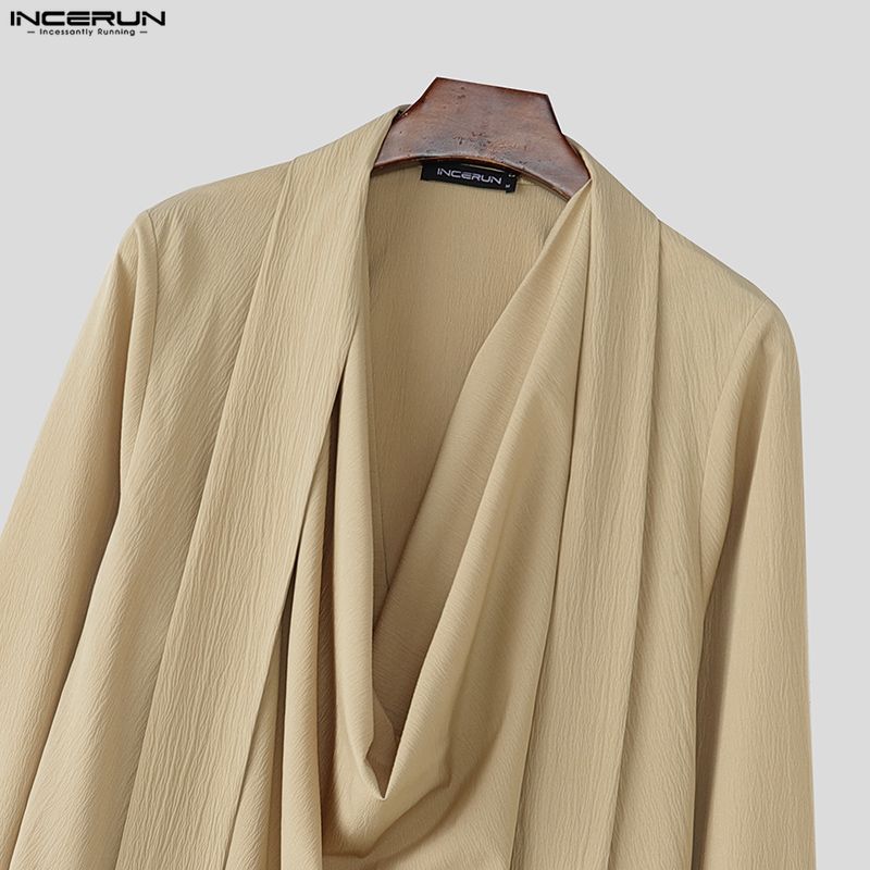 INCERUN Мужские рубашки оверсайз с отложным воротником, длинным рукавом, оборками и неровным низом