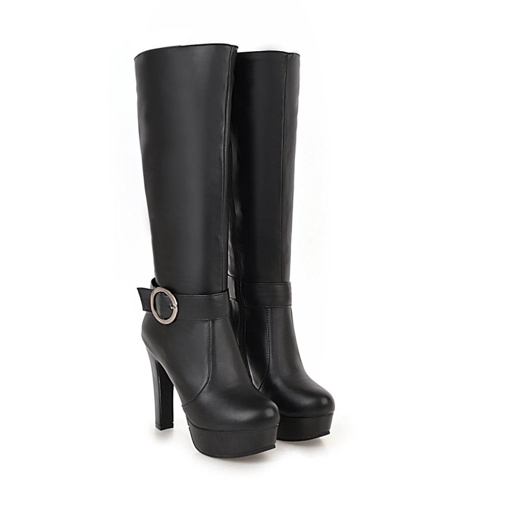 Зимние сапоги до колена женские осенние рыцарские черные белые большие размеры высокие каблуки платформа молния модные пряжки женские длинные туфли