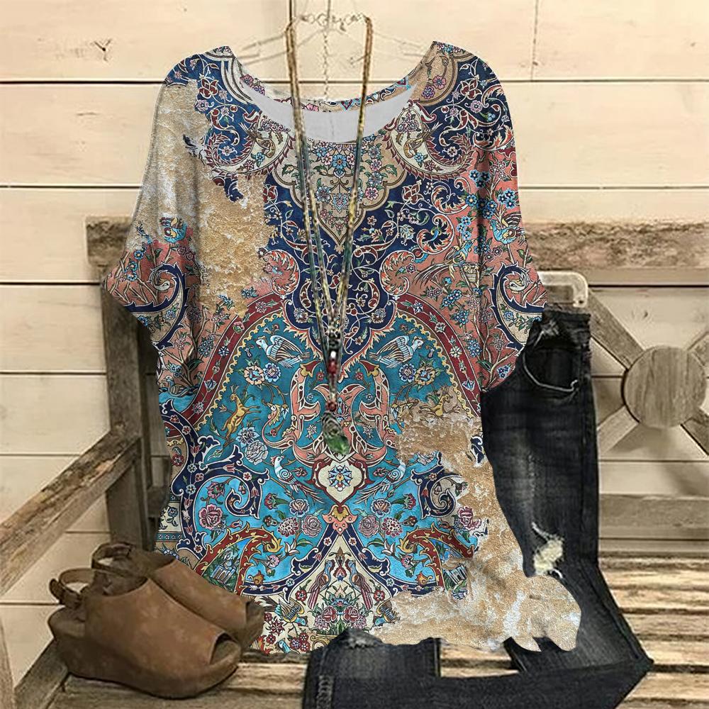 Женские футболки с круглым вырезом, ретро-цветочные принты, повседневные пуловеры, свободные футболки с короткими рукавами, женская модная одежда на лето