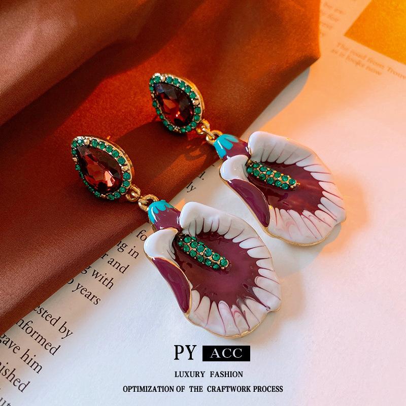 Средневековые Винтажные Серьги-Ромбы с Цветком Ретро Легкая Роскошь Высококлассные Серьги Нишевые Серьги в Придворном Стиле