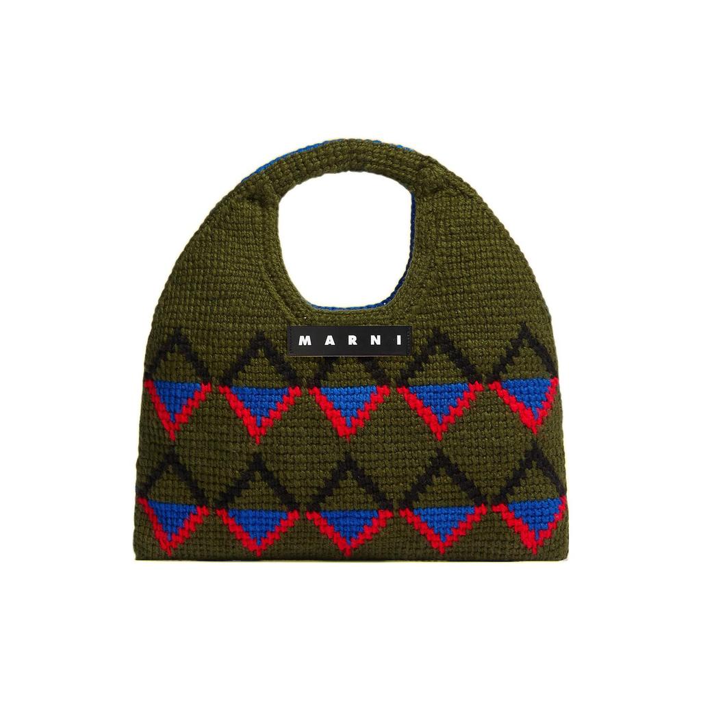 Marni Market Letter Logo Geometric Pattern Technology Wool Tote Bag Women handbags Khaki-Green Blue SHMH0049A1FW305JQV30