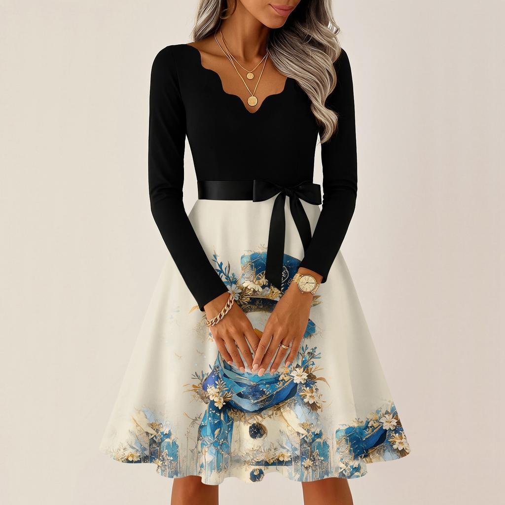 Women's Casual Fashion V-neck Long Sleeved Retro Christmas Print Retro Dress