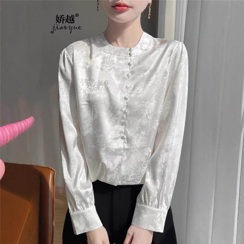 Женская шелковая рубашка из сатина с жаккардовым узором Весна Лето Новая с круглым вырезом с длинным рукавом Стильная и удобная рубашка