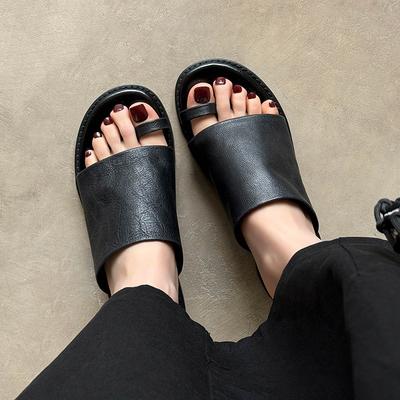 ~ Ретро римский стиль~ Летние повседневные женские сандалии с закрытым носком на низком каблуке, полностью из кожи, с ленивыми шлепанцами