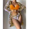 Women Floral Print Bikinis Set Sexy Three Piece Beach Cover Up Push Up Summer Long Sleeve Twist Swimwear Bathing Suit