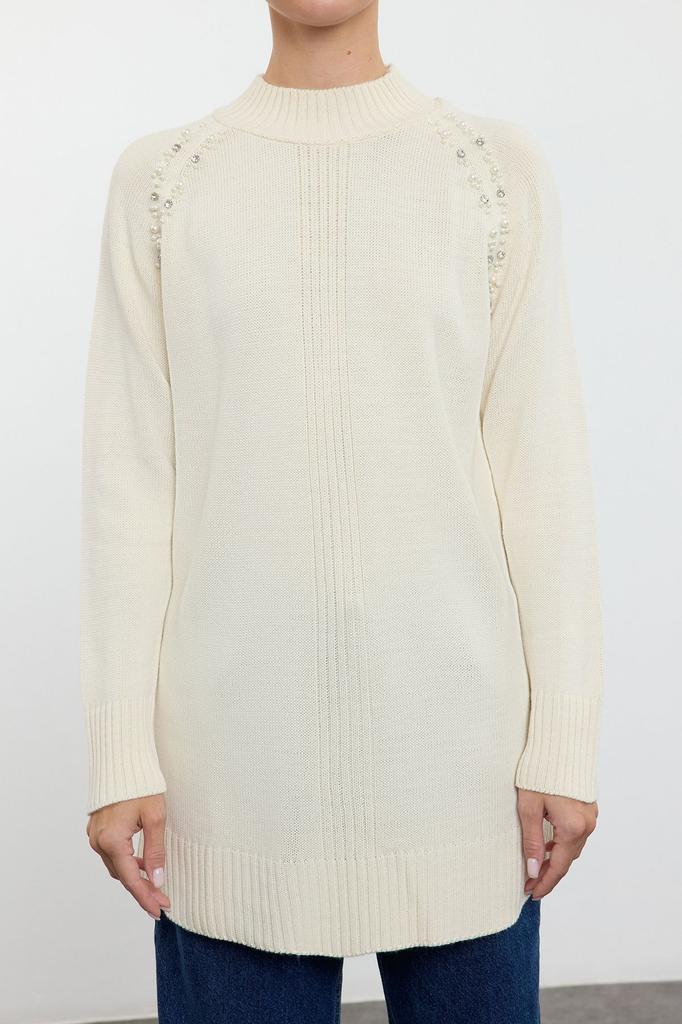 Women's Fashionable Stylish Hijab Sweater Ecru Pearl Detailed High Collar Knitwear Sweater