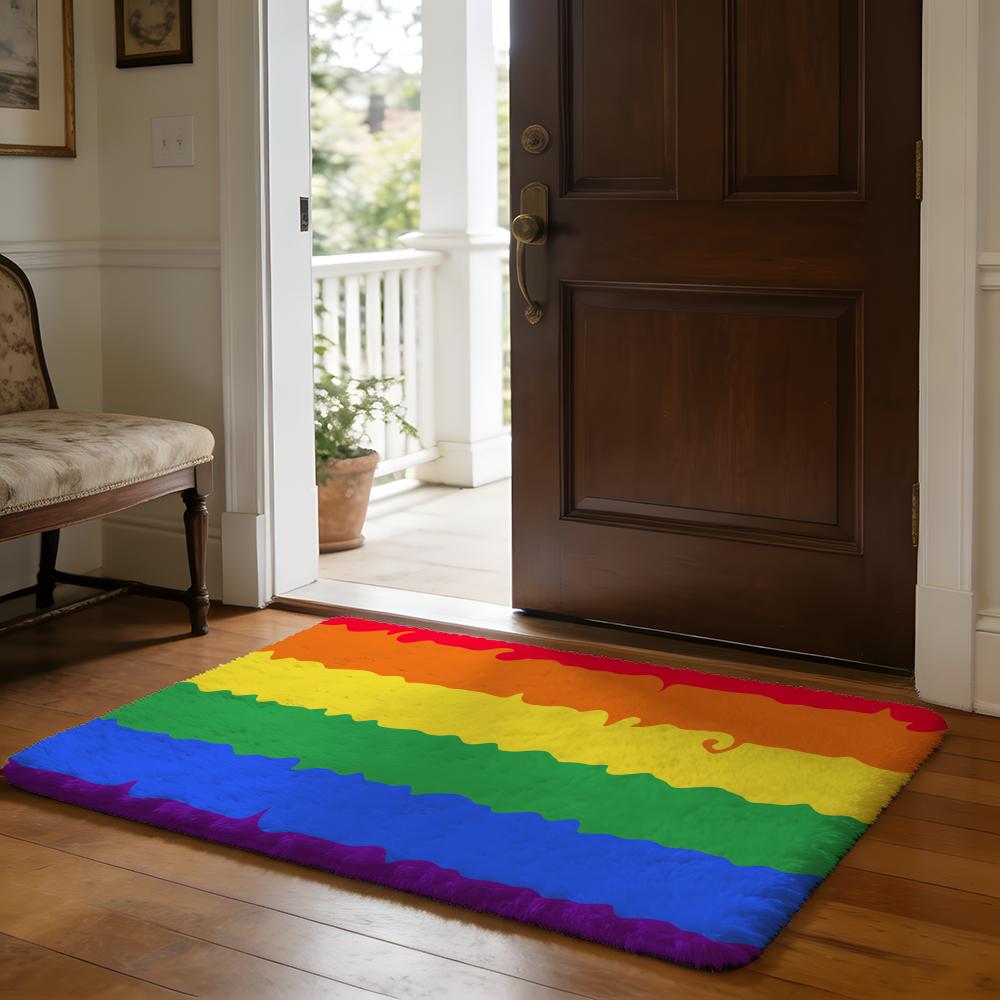 Rainbow Stripes Floor Mat Soft Flannel Absorbent Mat Non-Slip Rug Home Bedroom Bathroom