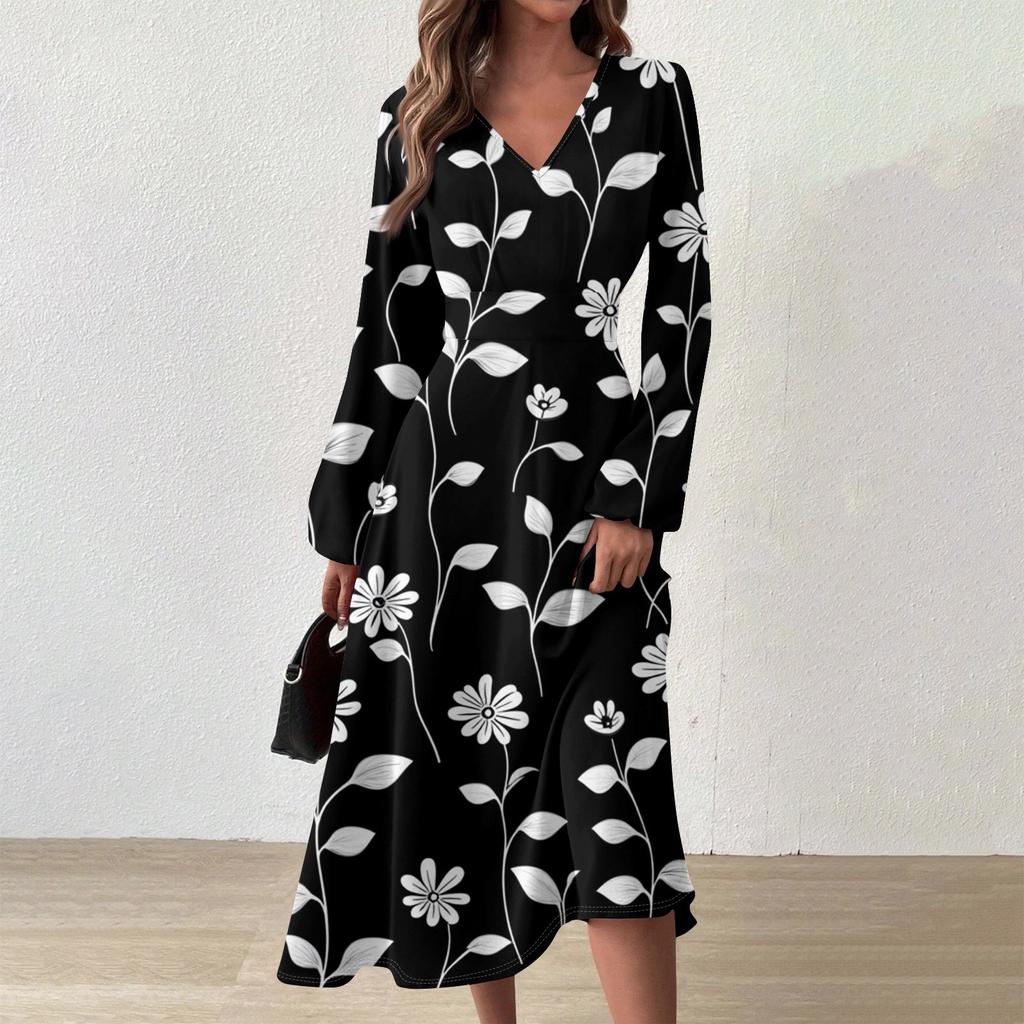Women's Casual Fashion V-Neck Long Sleeve Floral Print Long Dress