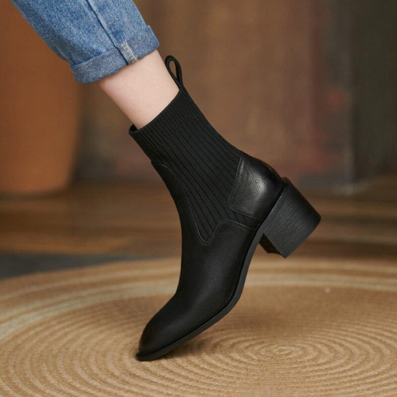 Женские ботильоны из коровьей кожи, вязаные ботинки с верхом, винтажные короткие сапоги на толстом каблуке