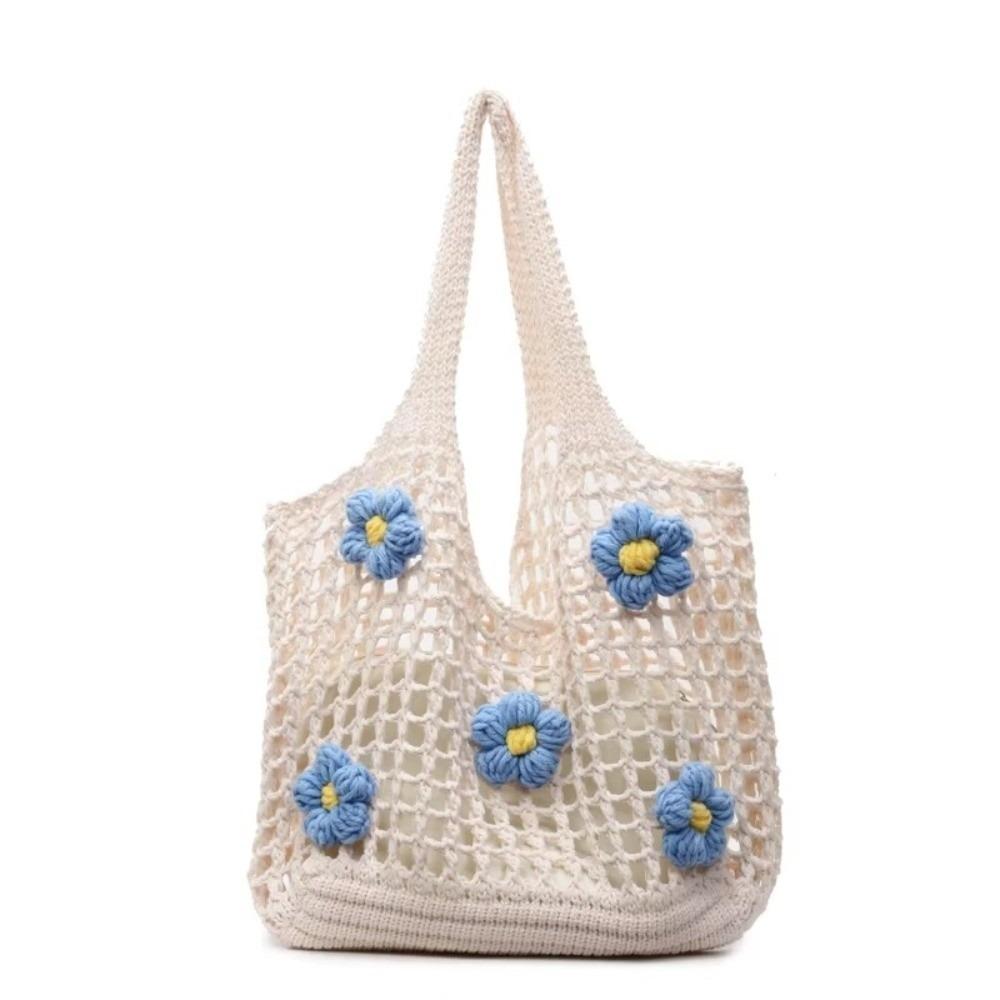 Simple Multicolor Flower Woven Bag Hollow Bohemian Style Knitting Tote Bag Large Capacity Handbag Hollow Shoulder Bag Seaside