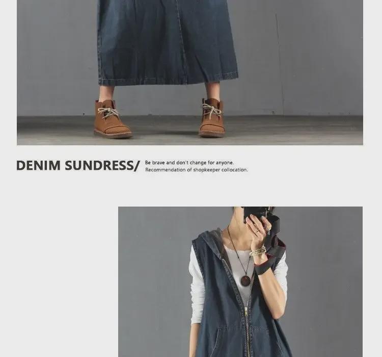 Корейское джинсовое платье большого размера с капюшоном и без рукавов — повседневное, утягивающее, антивозрастное