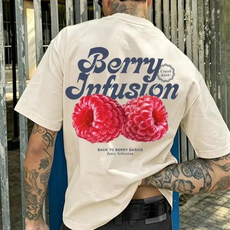 Футболка с принтом Berry Infusion Raspberry Vintage (задний принт) Мужская Женская Хип-Хоп Y2K Готическая Оверсайз Футболки с принтом Круглый вырез Короткий рукав Повседневная футболка
