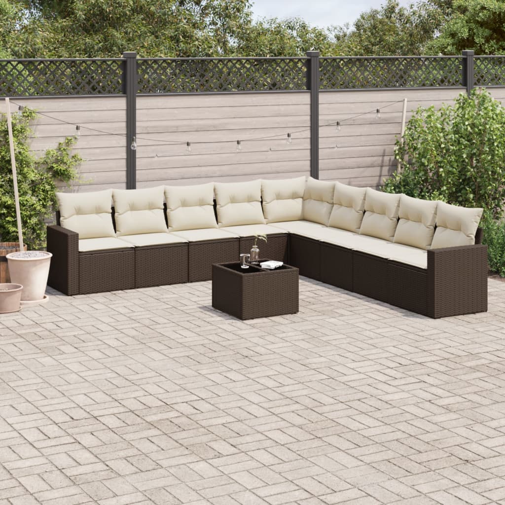 10 piece Garden Sofa Set with Cushions Brown Poly Rattan