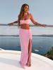 Женский розовый плетеный топ от бикини, комплект с длинной юбкой макси с высоким разрезом и сборками, пляжный наряд из двух частей K276