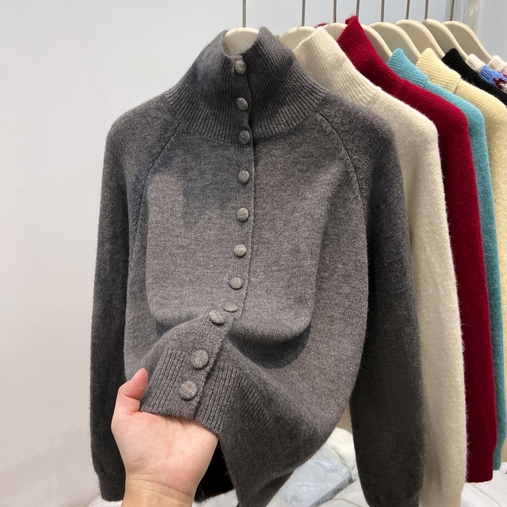 Angola Red Retro Knitted Sweater Women's Thickened Turtleneck Single-breasted Top Jacket Autumn and Winter Temperament Age-reducing Cardigan