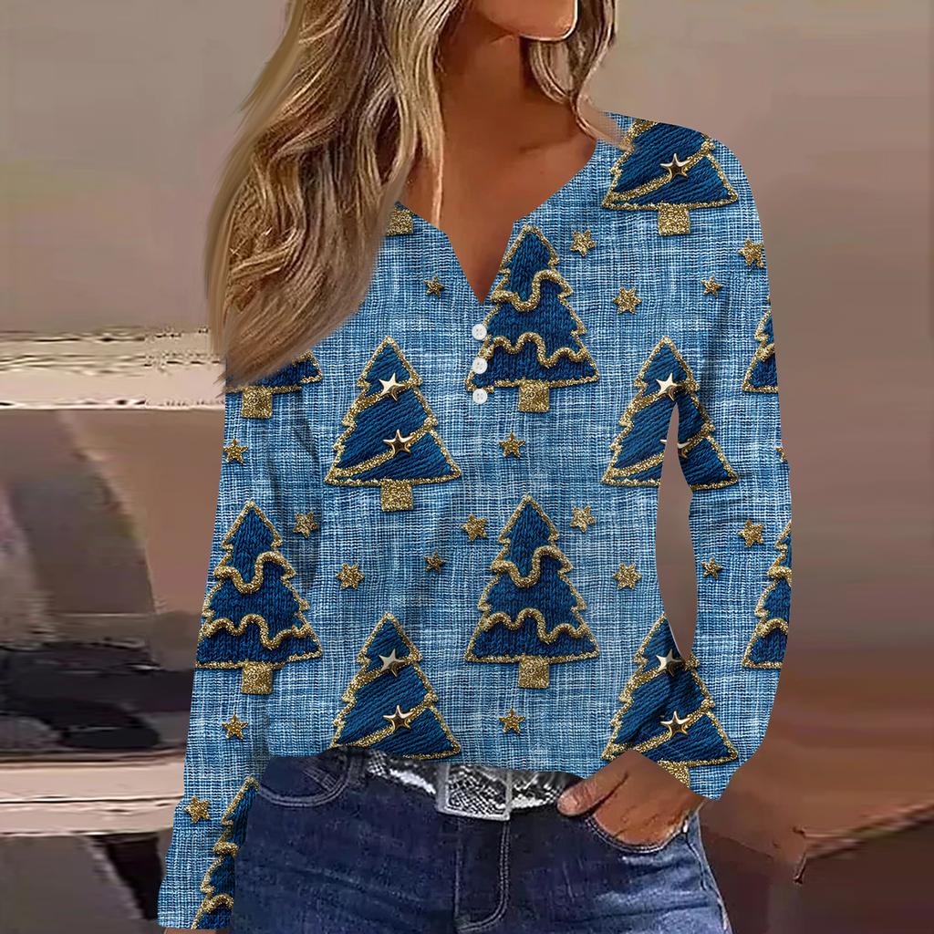 Women's Fashion Casual V-Neck Button-Up Long-Sleeve T-Shirt With Christmas Print Top