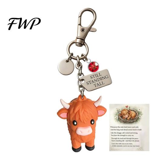 Metal Keychain A Little Highland Cow for You Keychain, 3D Resin Keyring with Birthstone Charm & Sentiment Card, Your Daily Reminder of Quiet Strength