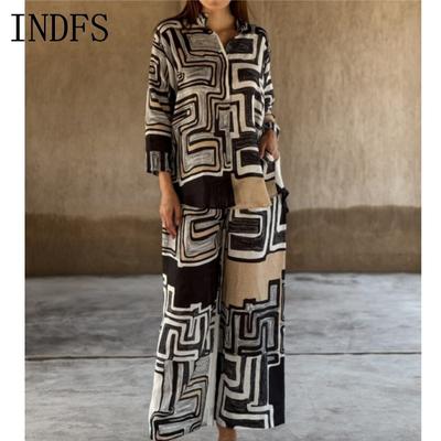 INDFS Женская Мода Повседневные Весенне-Осенние Блузки и Рубашки с Длинным Рукавом и Воротником ПОЛО Брюки Костюмы