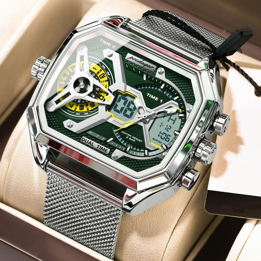 POEDAGAR Новые Роскошные Мужские Часы с Двойным Дисплеем, Дата, День Недели, Люминесцентные Светодиодные Мужские Часы, Сетчатый Ремешок, Электронные Спортивные Мужские Кварцевые Часы