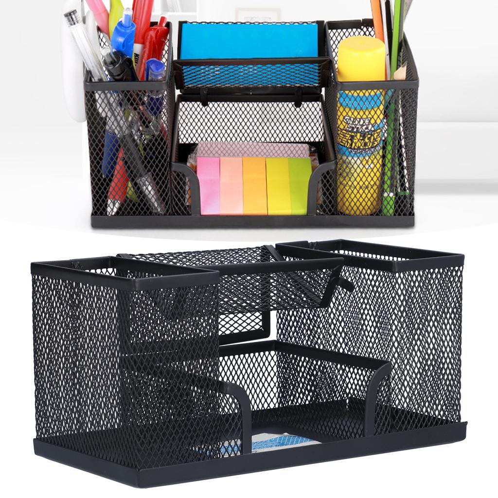 Pen Holder Metal Rectangular Grid Pencil Container Black Desk Storage Box for Office