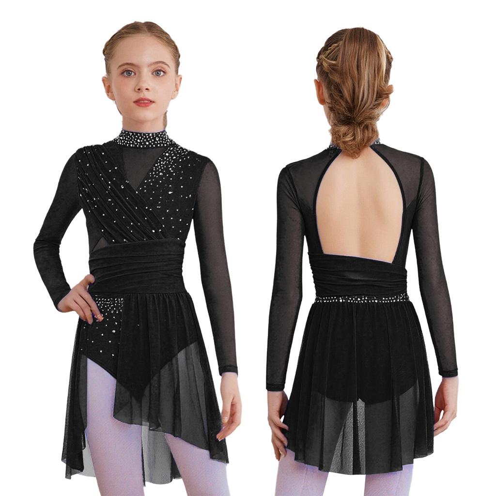 Платье для лирического танца для девочек, с воротником-стойкой, длинным рукавом, вырезом на спине, боковым разрезом, из прозрачной сетки, с драпировкой, леотард