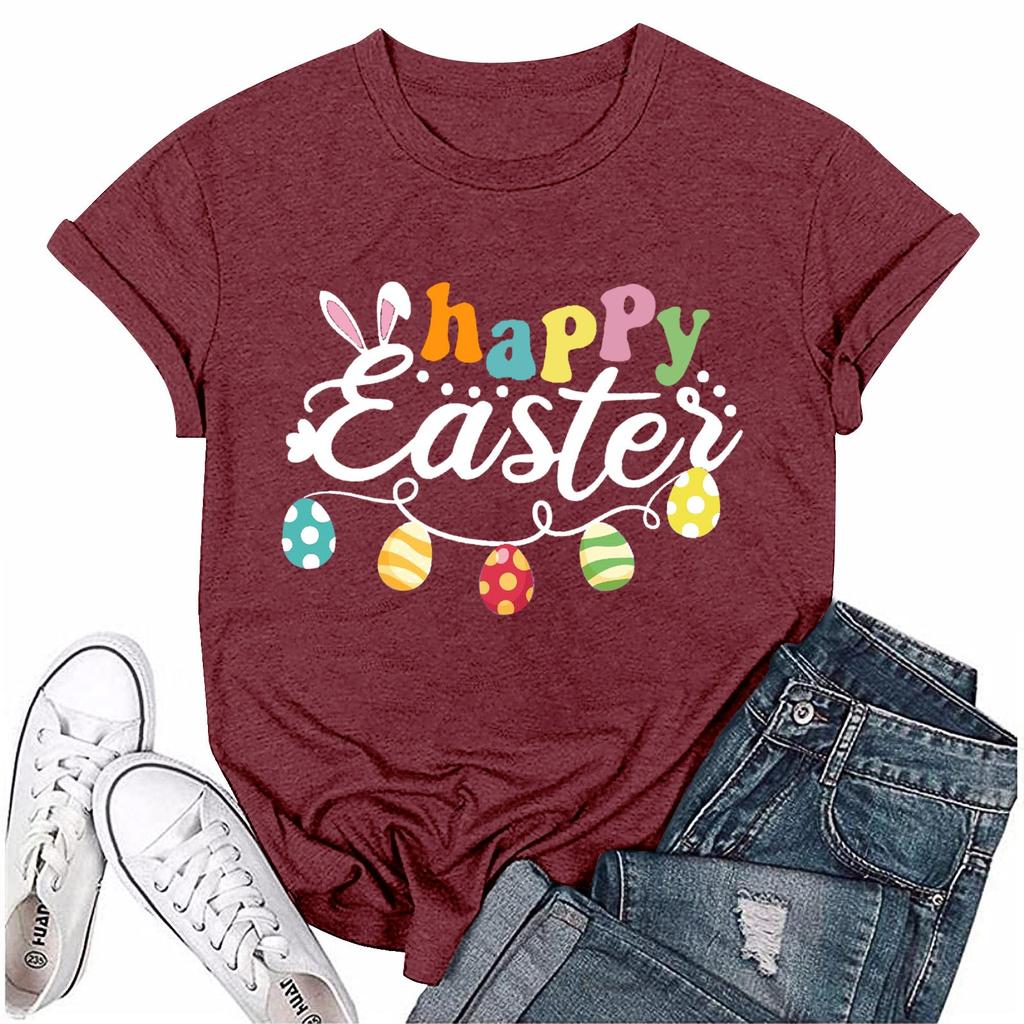 Женская модная пасхальная принтованная повседневная плиссированная круглая футболка с коротким рукавом