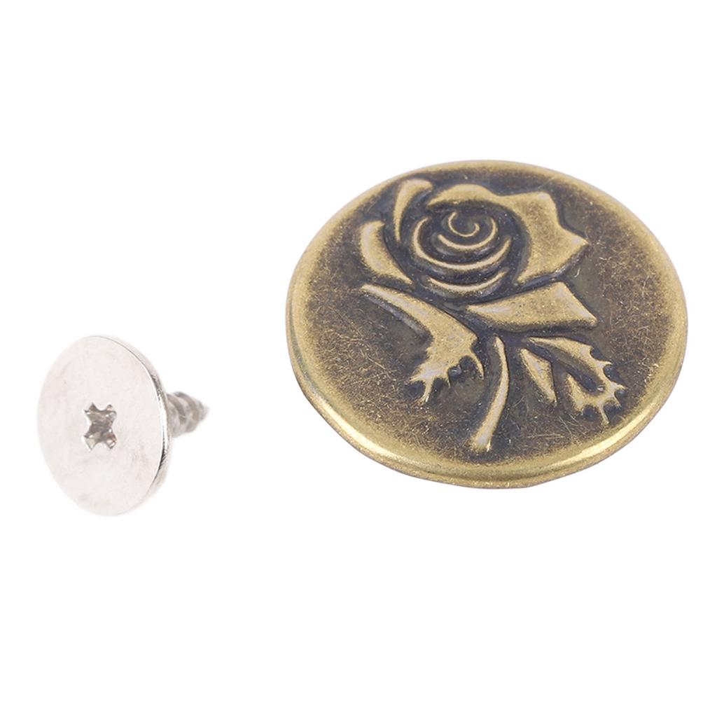 50 Set Pants Buttons No Sew Removable 17mm Rose Pattern Stainless Steel Antique Brass with 2x6.5mm P