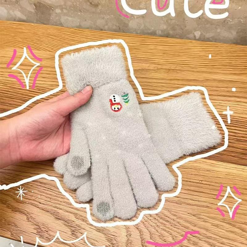 Gloves for Women Winter Warm Knitted Cute Korean Version Snowman Student Plus Velvet Thickened Touch Screen Cycling Gloves