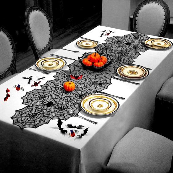 Halloween Table Runner, 18 x 72 Inch Gothic Black Lace Spider Web Table Runner for Kitchen Dinner Table Centerpiece, Halloween Party Decoration