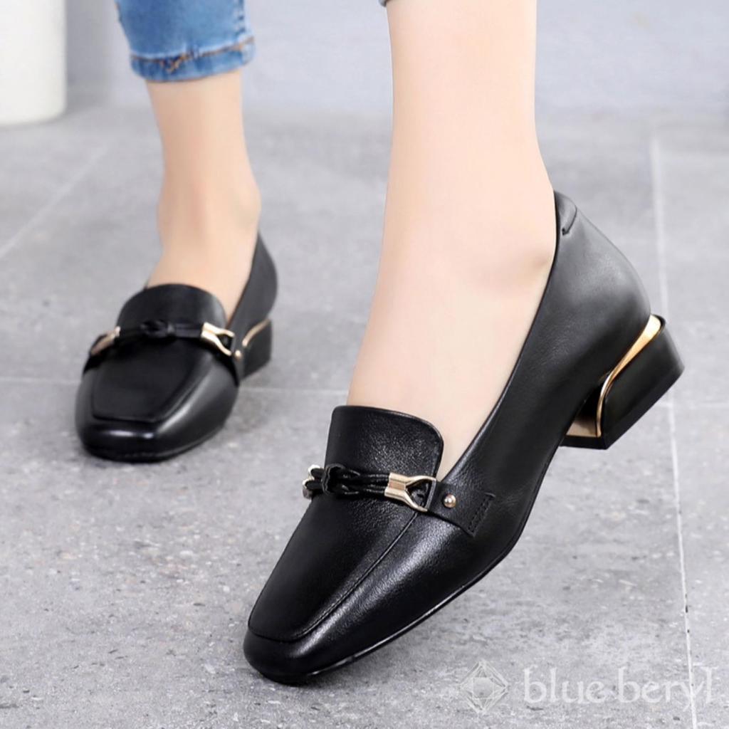 Blue Beryl Genuine Leather Loafers with Chunky 3cm and Square Women's Heels, Heels, Toes, Black, BB006-BK235