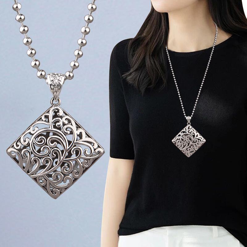 Retro Silver Peace Lock Pendant Necklace - Four-sided Wealth Women's Long Sweater Chain In National Style
