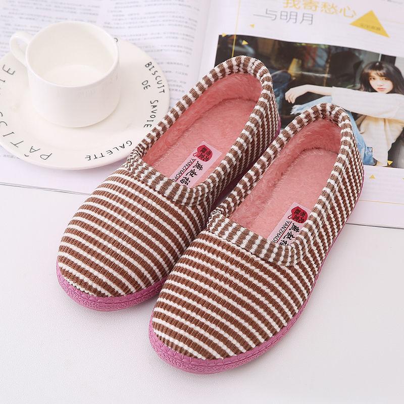 Зимние хлопковые тапочки. Женская хлопковая обувь. Сумка на каблуке. Милые домашние хлопковые тапочки в полоску. Нескользящая теплая плюшевая хлопковая обувь с низким берцем.