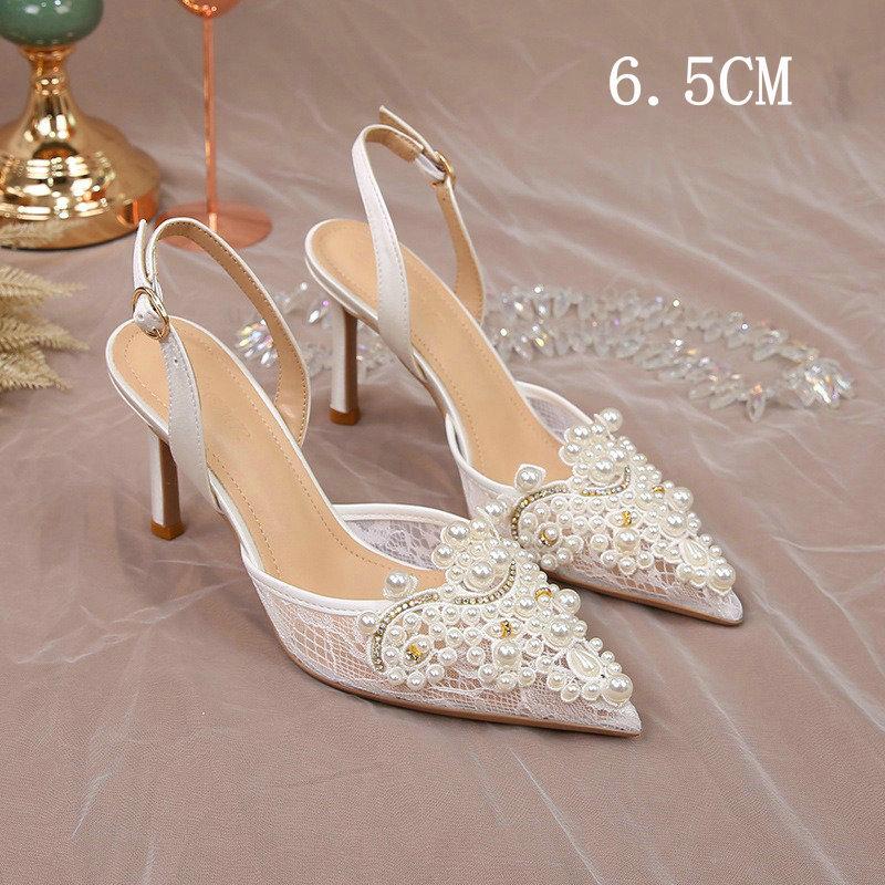 Модная французская свадебная обувь, обувь невесты, основная свадебная обувь с жемчугом, нишевая обувь после пустых высоких каблуков, женские туфли-стилетто с полым носком, сандалии