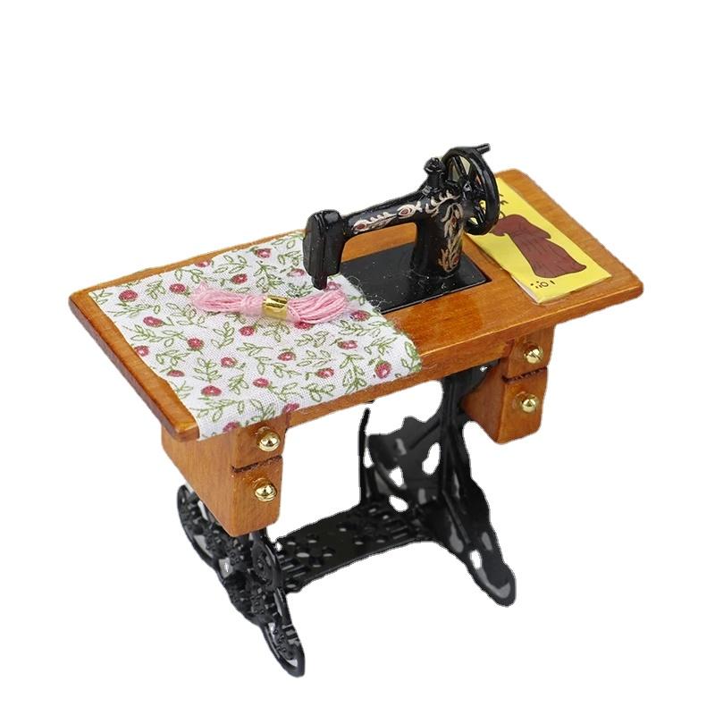 1 Pcs Miniature Sewing Machine with Cloth for 1/12 Scale Dollhouse Decoratio